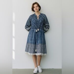 HEMANT AND NANDITA Susan Tiered Tunic Mini Dress Indigo Blue Boho - Small